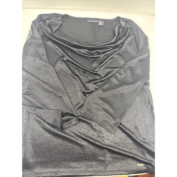 2x Tahari Sparkly Top Womens XL Scoop Neck 3/4 Sleeve Blouse Emerald Green Black - Picture 5 of 11